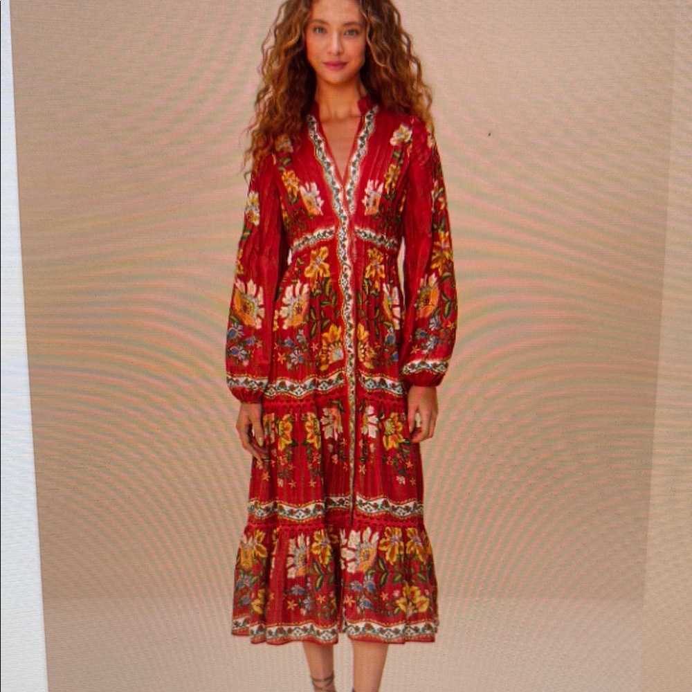 FARM Rio  Red Garden Delight long sleeve Dress